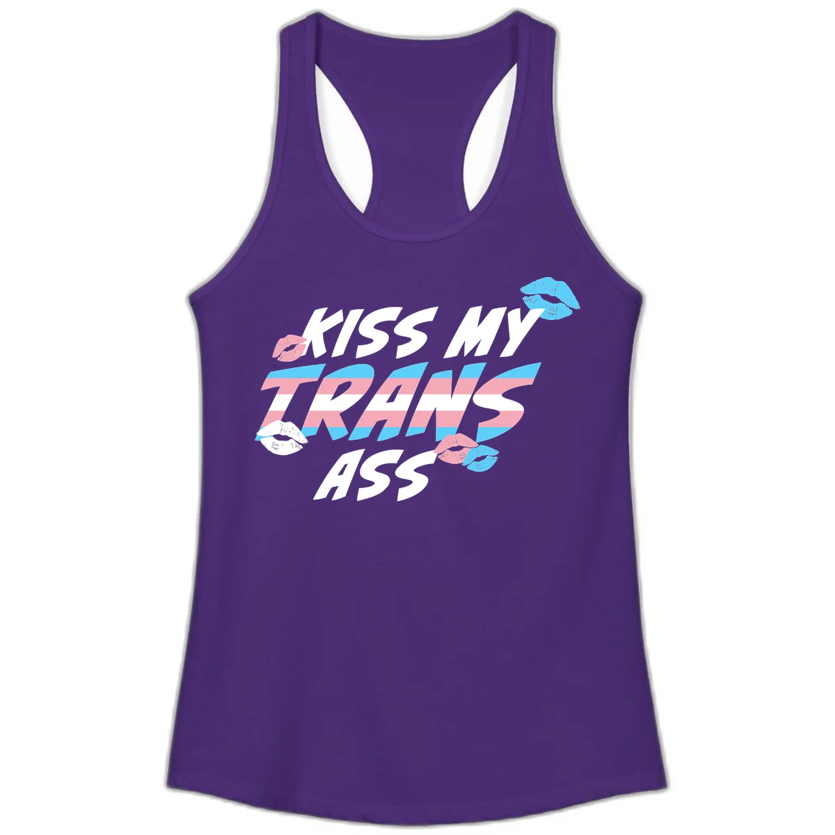 Kiss my trips ass design with trans flag striped text and colorful lip illustrations on gray background in Solid Purple Rush