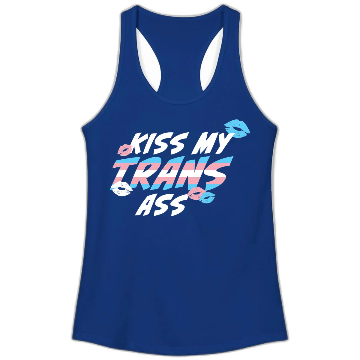 Kiss my trips ass design with trans flag striped text and colorful lip illustrations on gray background in Solid Royal