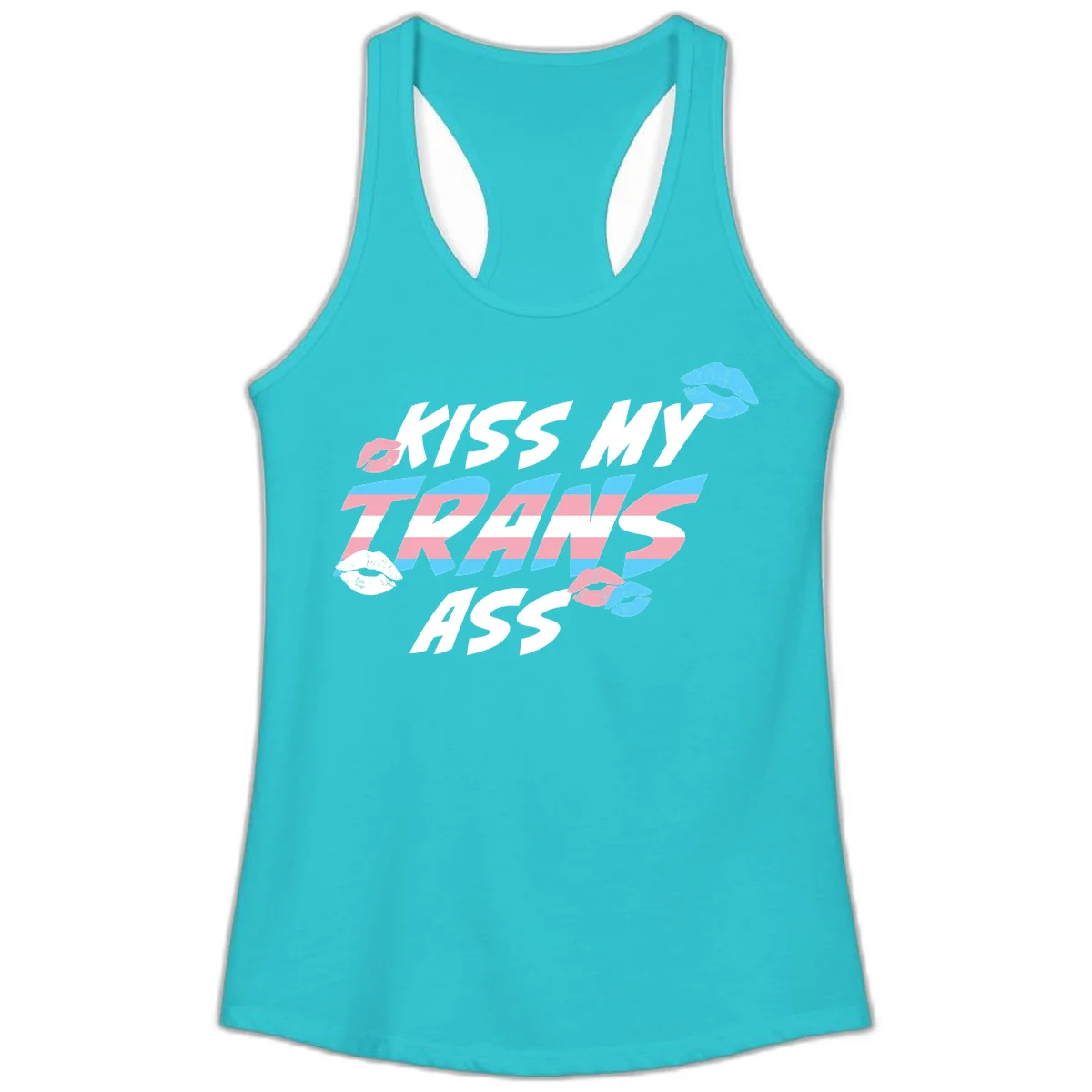 Kiss my trips ass design with trans flag striped text and colorful lip illustrations on gray background in Solid Tahiti Blue