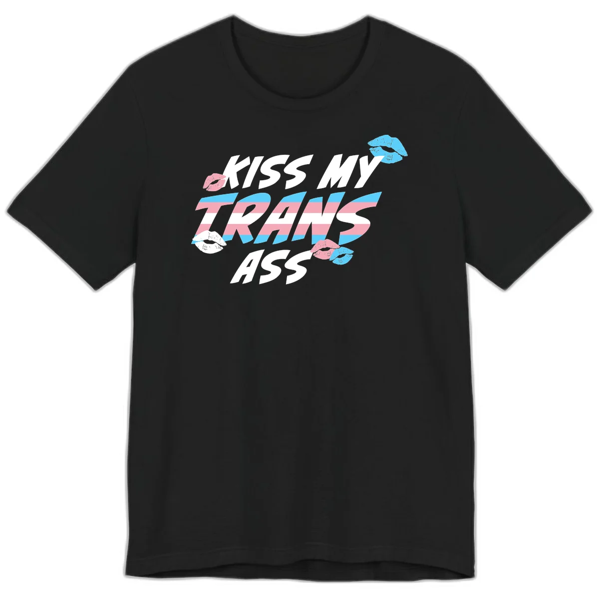 Kiss my trips ass design with trans flag striped text and colorful lip illustrations on gray background in Black