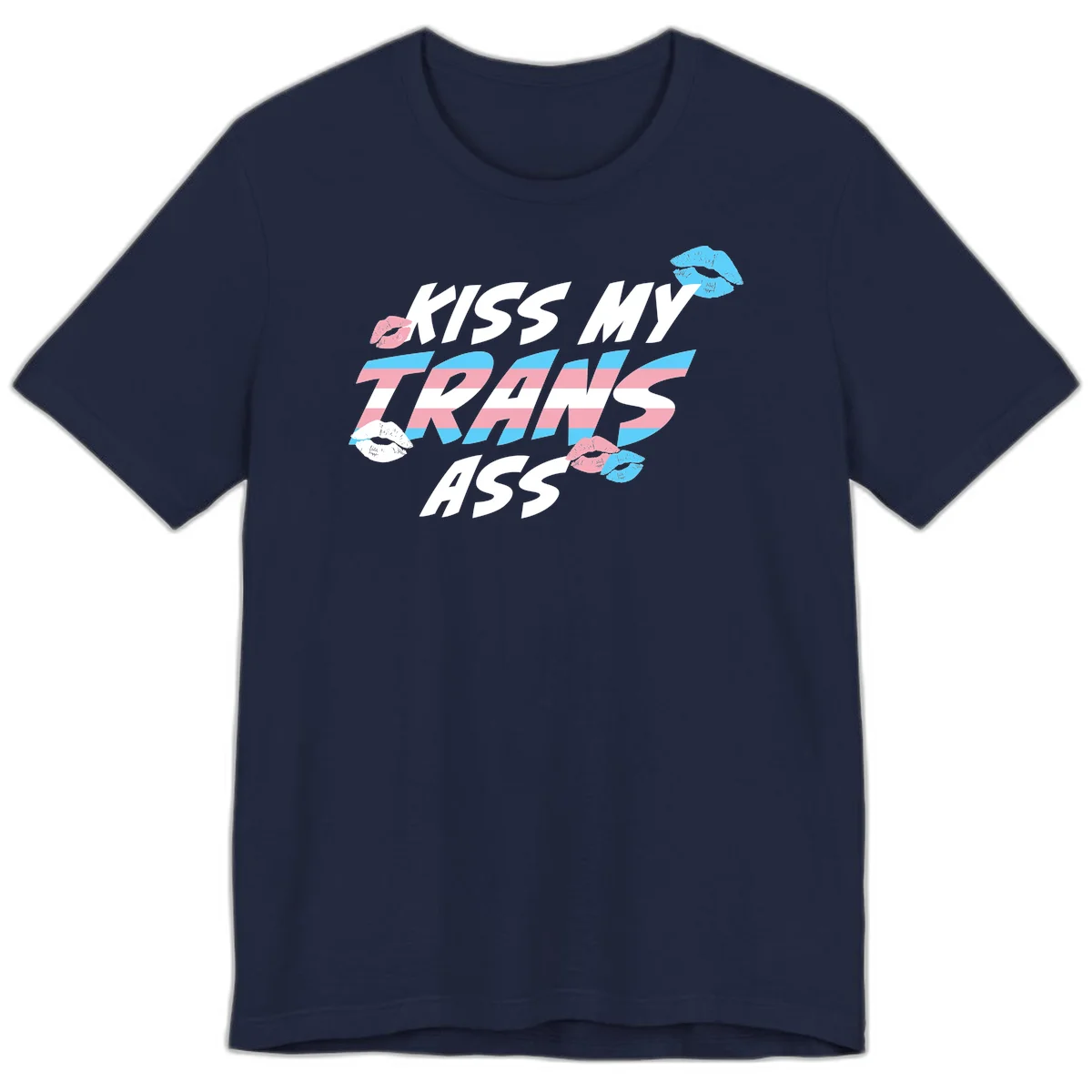 Kiss my trips ass design with trans flag striped text and colorful lip illustrations on gray background in Navy