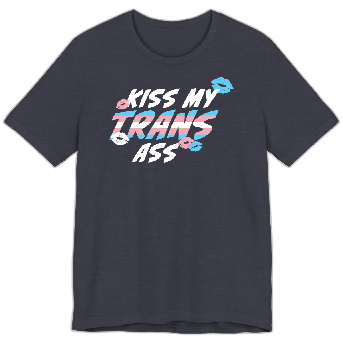 Kiss my trips ass design with trans flag striped text and colorful lip illustrations on gray background in Heather Midnight Navy
