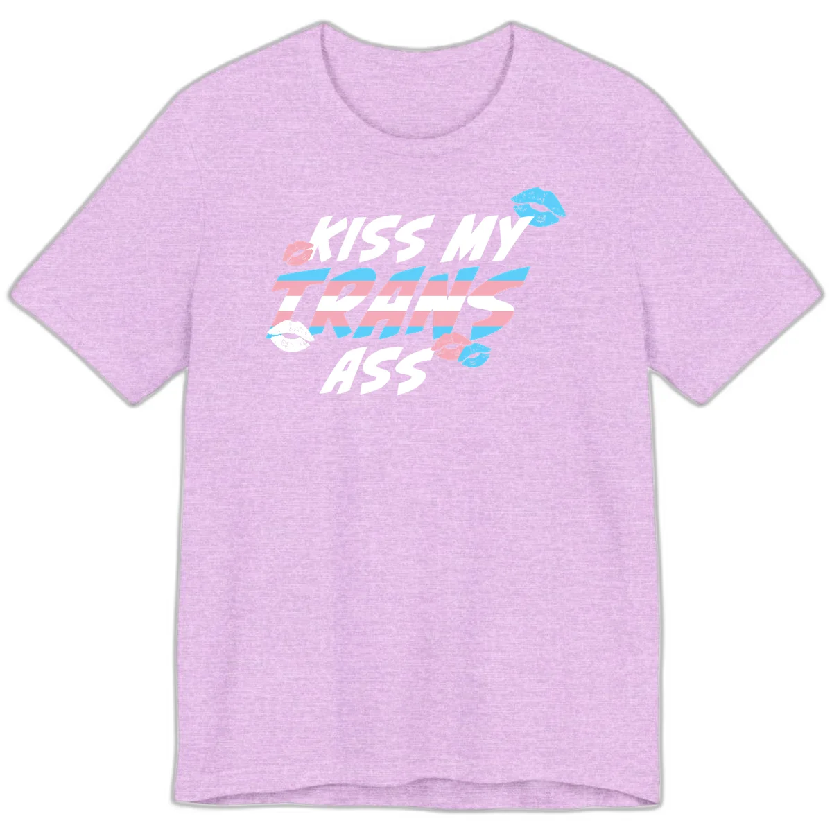 Kiss my trips ass design with trans flag striped text and colorful lip illustrations on gray background in Heather Prism Lilac