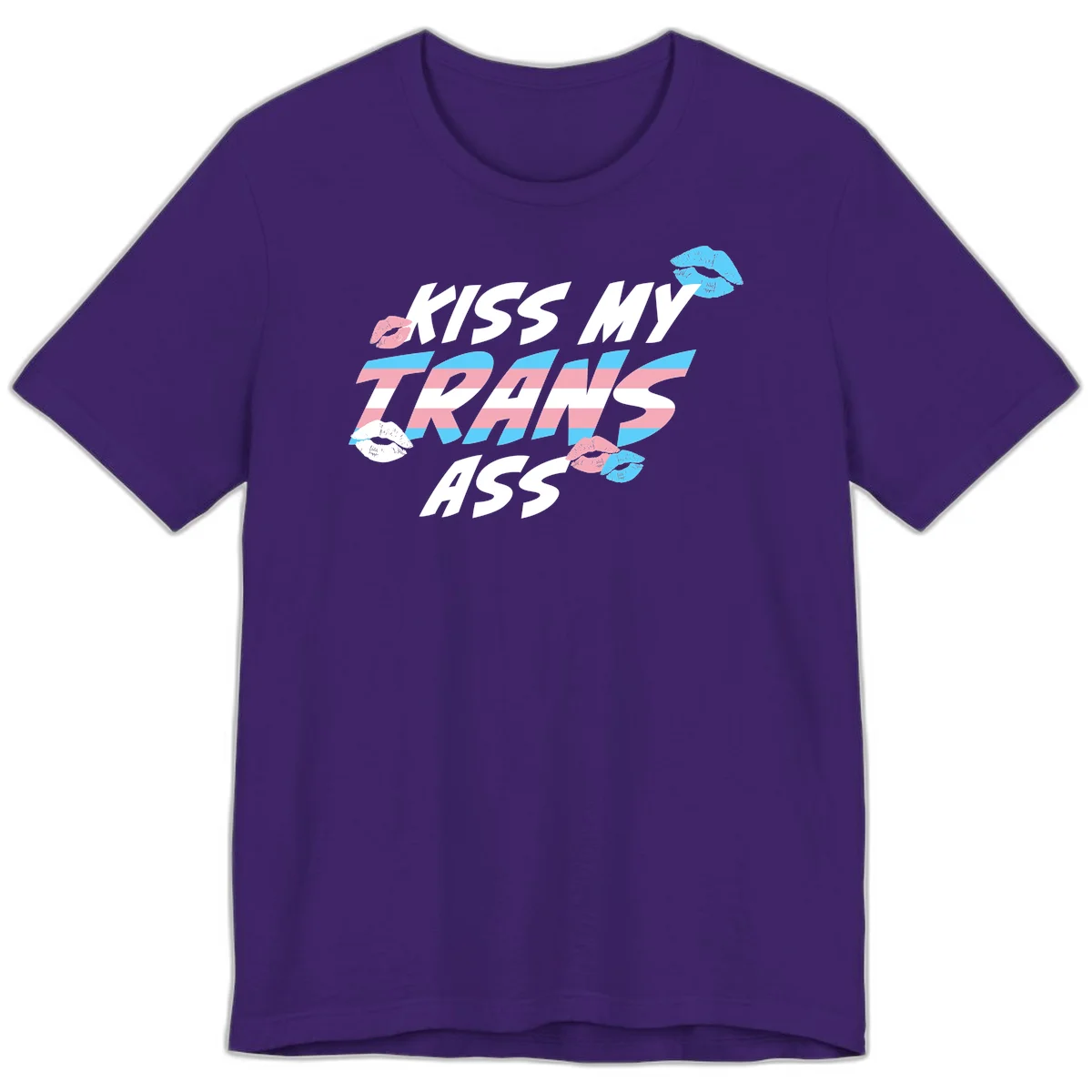 Kiss my trips ass design with trans flag striped text and colorful lip illustrations on gray background in Team Purple