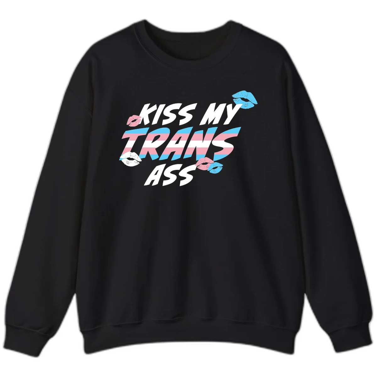 Kiss my trips ass design with trans flag striped text and colorful lip illustrations on gray background in Black