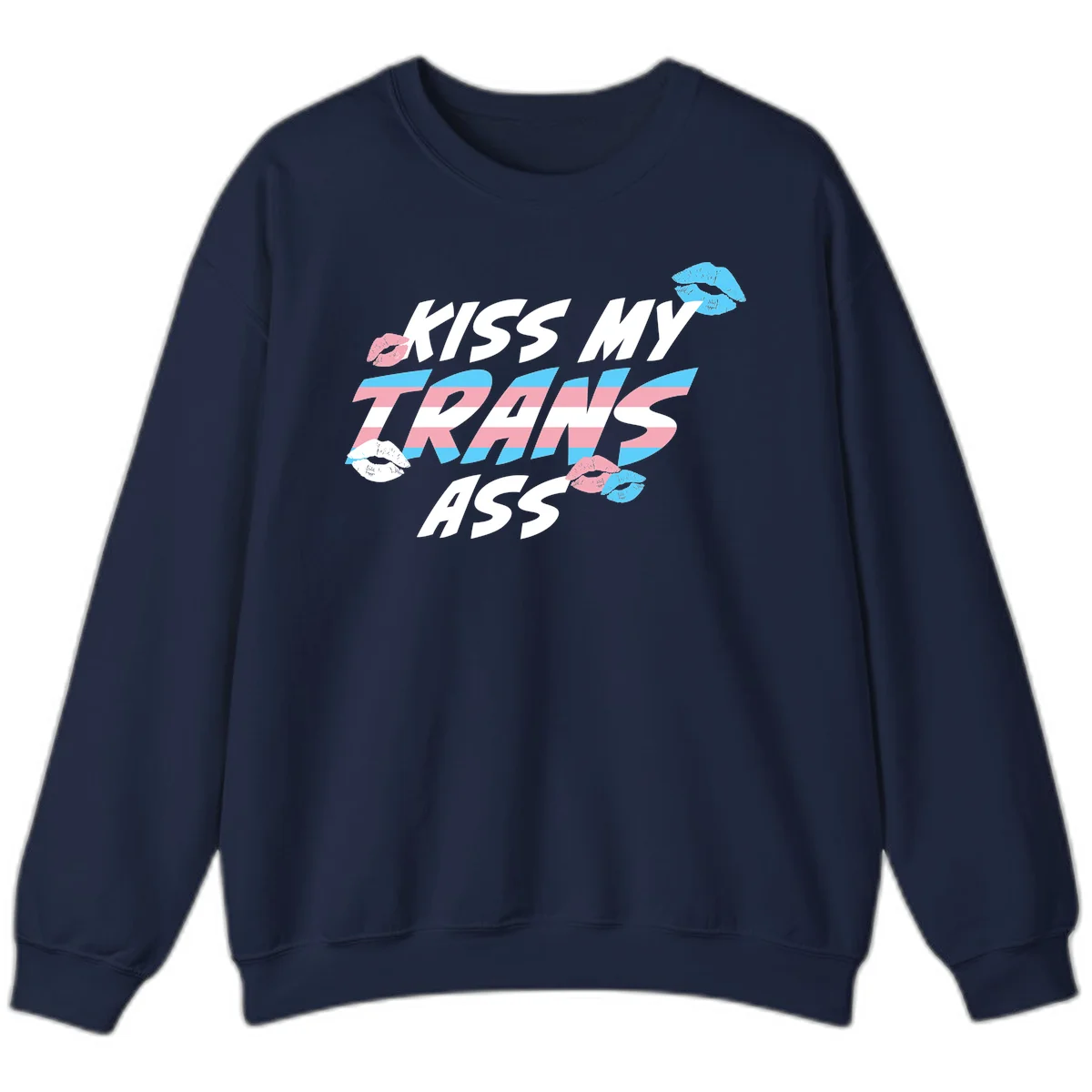 Kiss my trips ass design with trans flag striped text and colorful lip illustrations on gray background in Navy