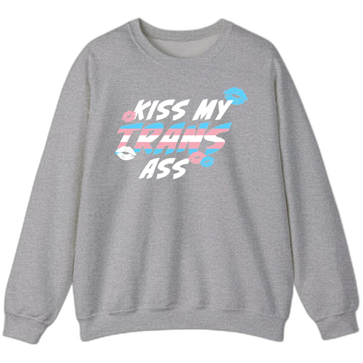 Kiss my trips ass design with trans flag striped text and colorful lip illustrations on gray background in Sport Grey