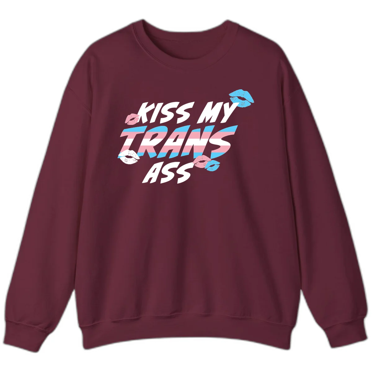 Kiss my trips ass design with trans flag striped text and colorful lip illustrations on gray background in Maroon