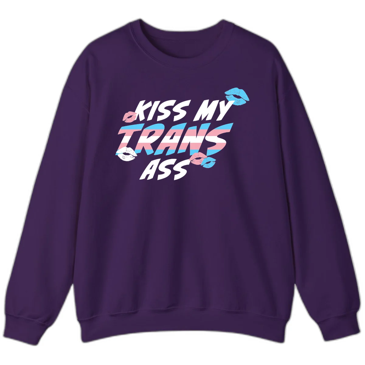 Kiss my trips ass design with trans flag striped text and colorful lip illustrations on gray background in Purple