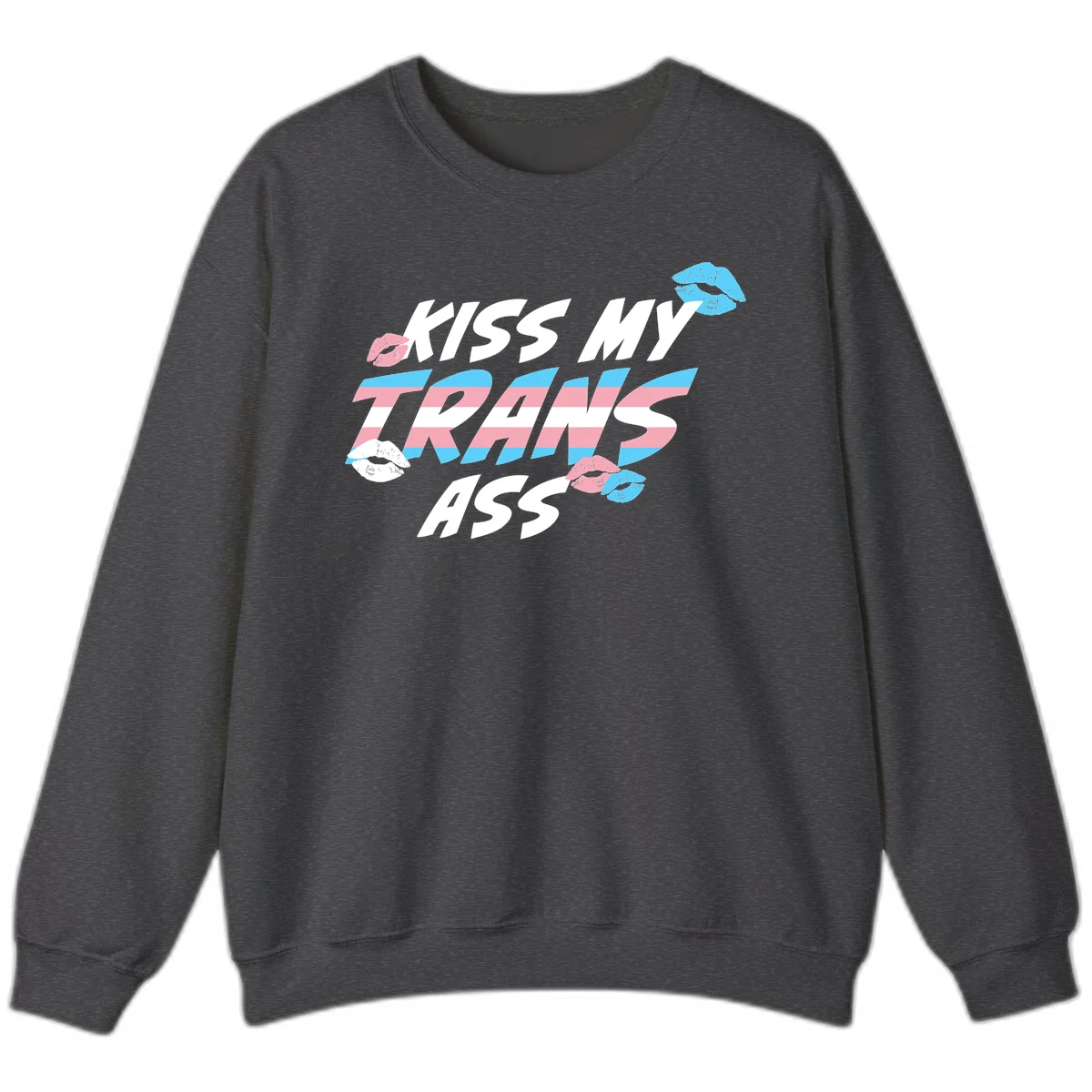Kiss my trips ass design with trans flag striped text and colorful lip illustrations on gray background in Dark Heather