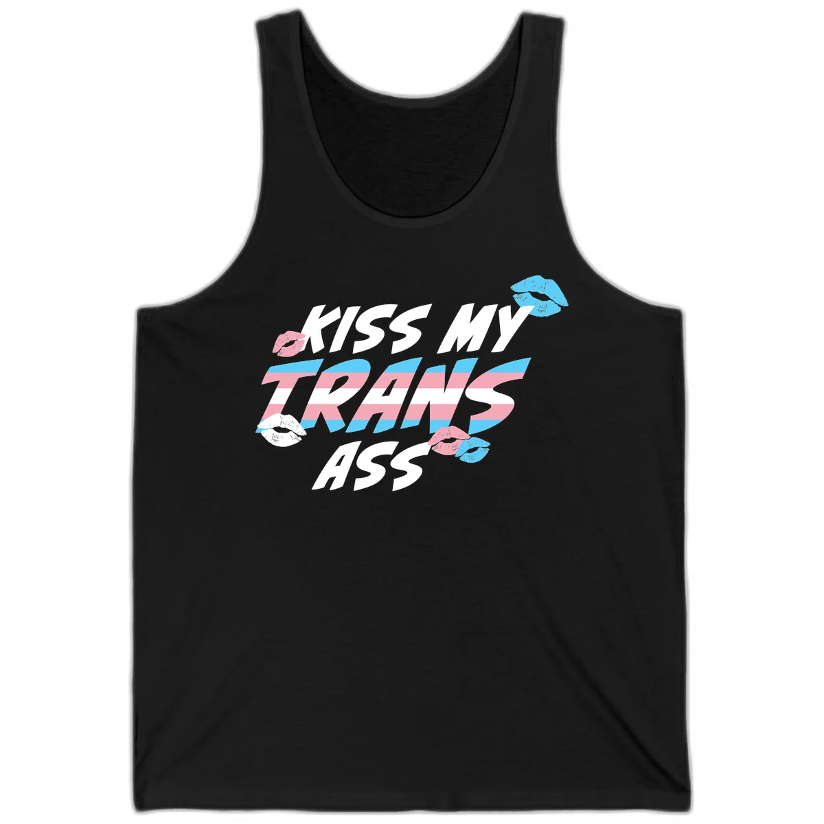 Kiss my trips ass design with trans flag striped text and colorful lip illustrations on gray background in Black