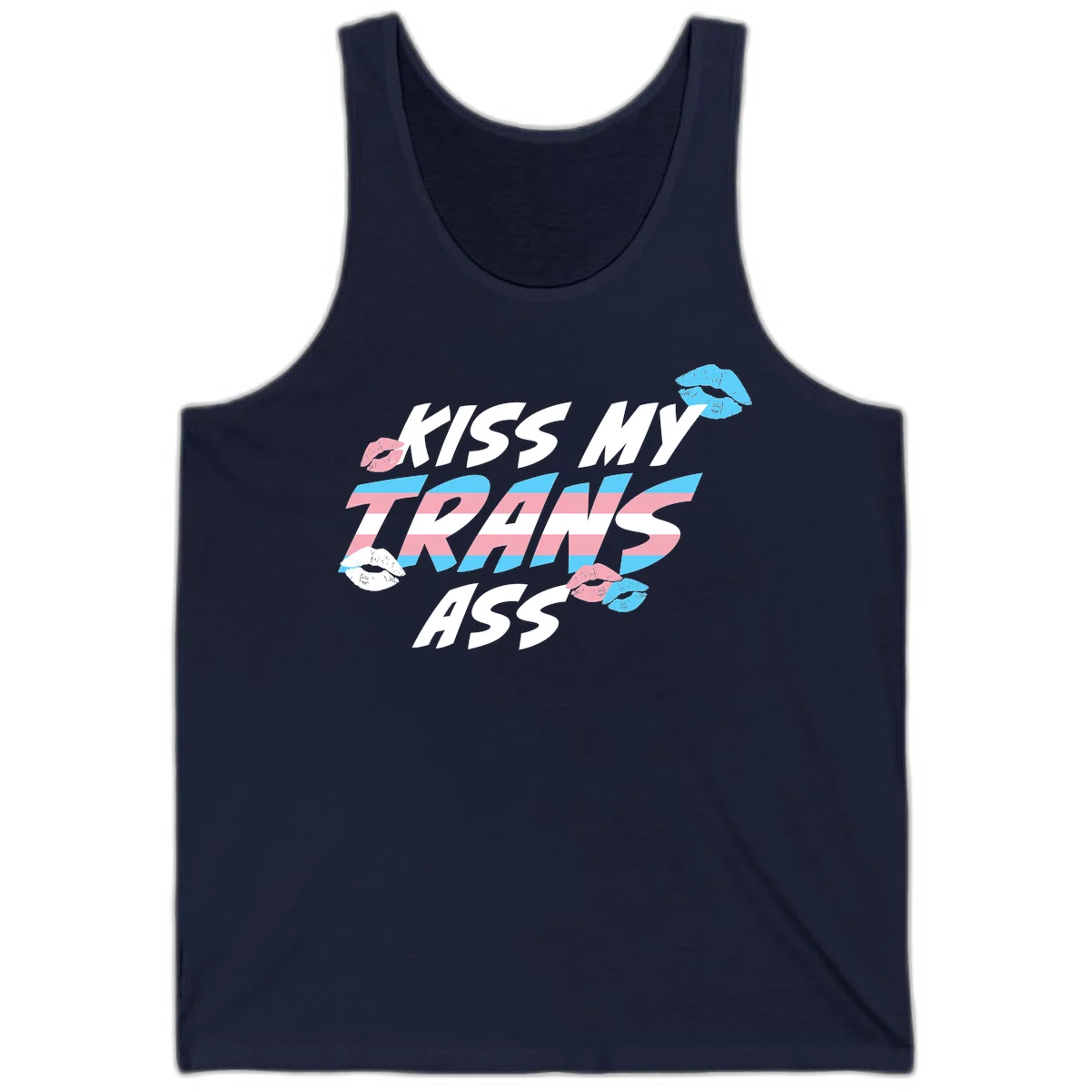Kiss my trips ass design with trans flag striped text and colorful lip illustrations on gray background in Navy