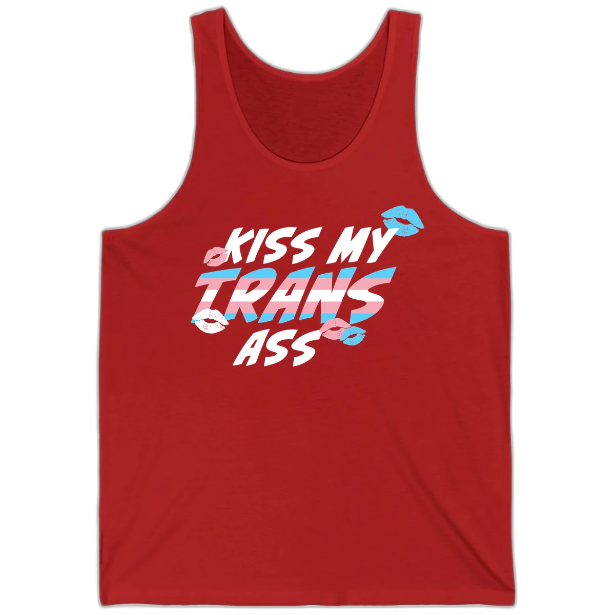 Kiss my trips ass design with trans flag striped text and colorful lip illustrations on gray background in Red
