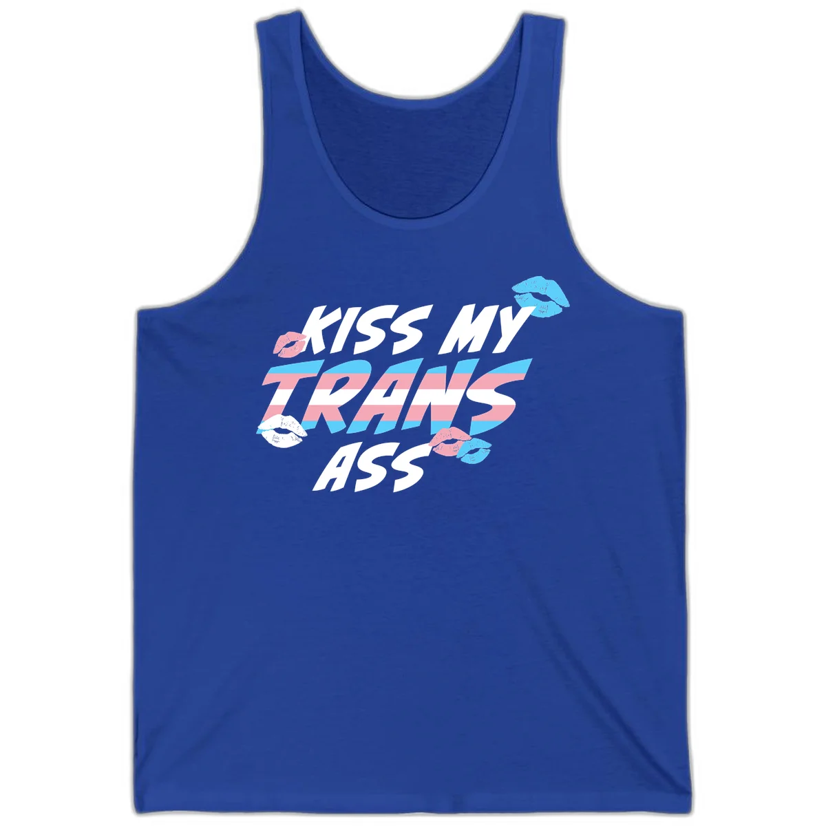 Kiss my trips ass design with trans flag striped text and colorful lip illustrations on gray background in True Royal