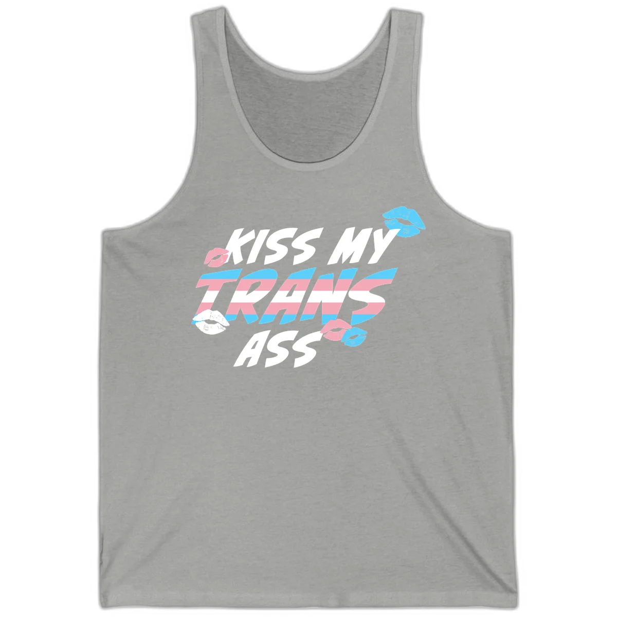 Kiss my trips ass design with trans flag striped text and colorful lip illustrations on gray background in Athletic Heather