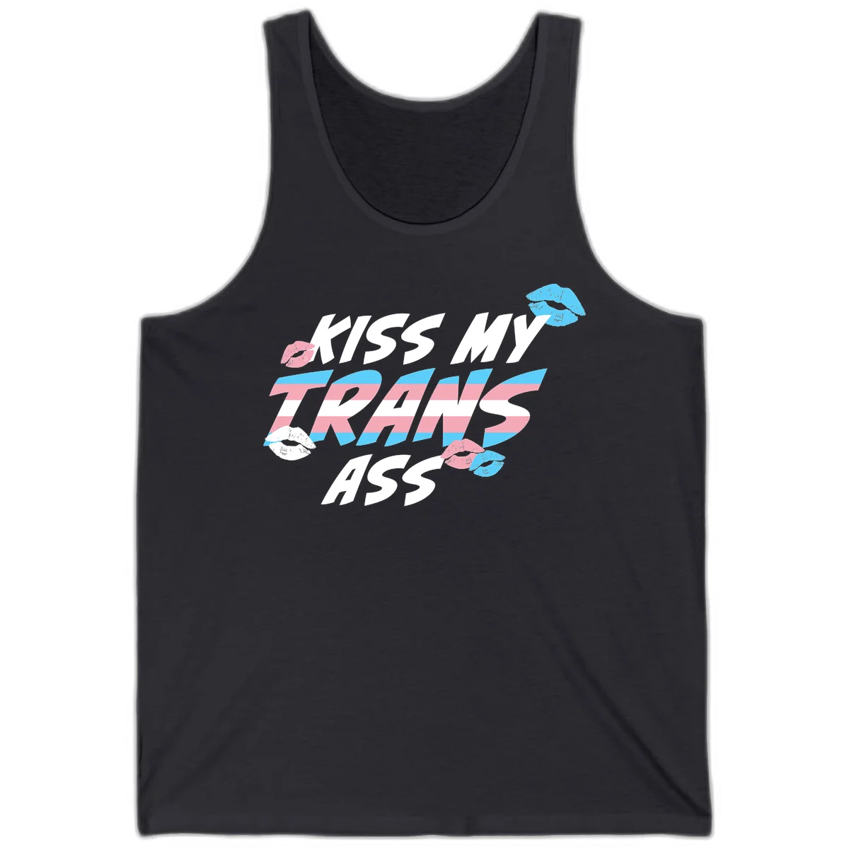 Kiss my trips ass design with trans flag striped text and colorful lip illustrations on gray background in Dark Grey