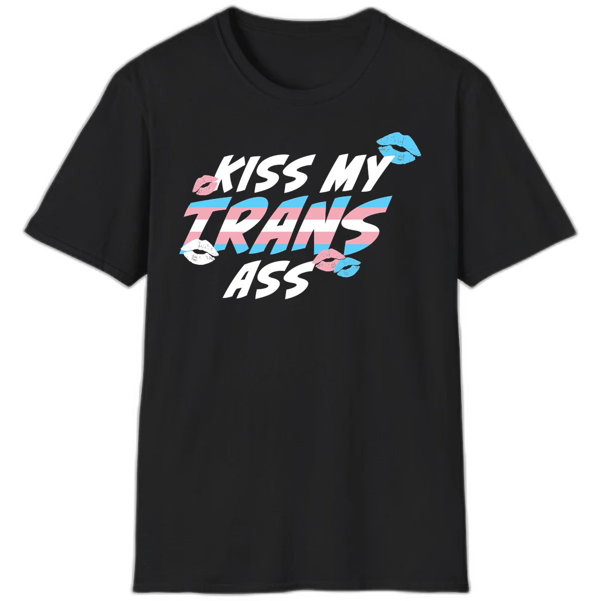 Kiss my trips ass design with trans flag striped text and colorful lip illustrations on gray background in Black