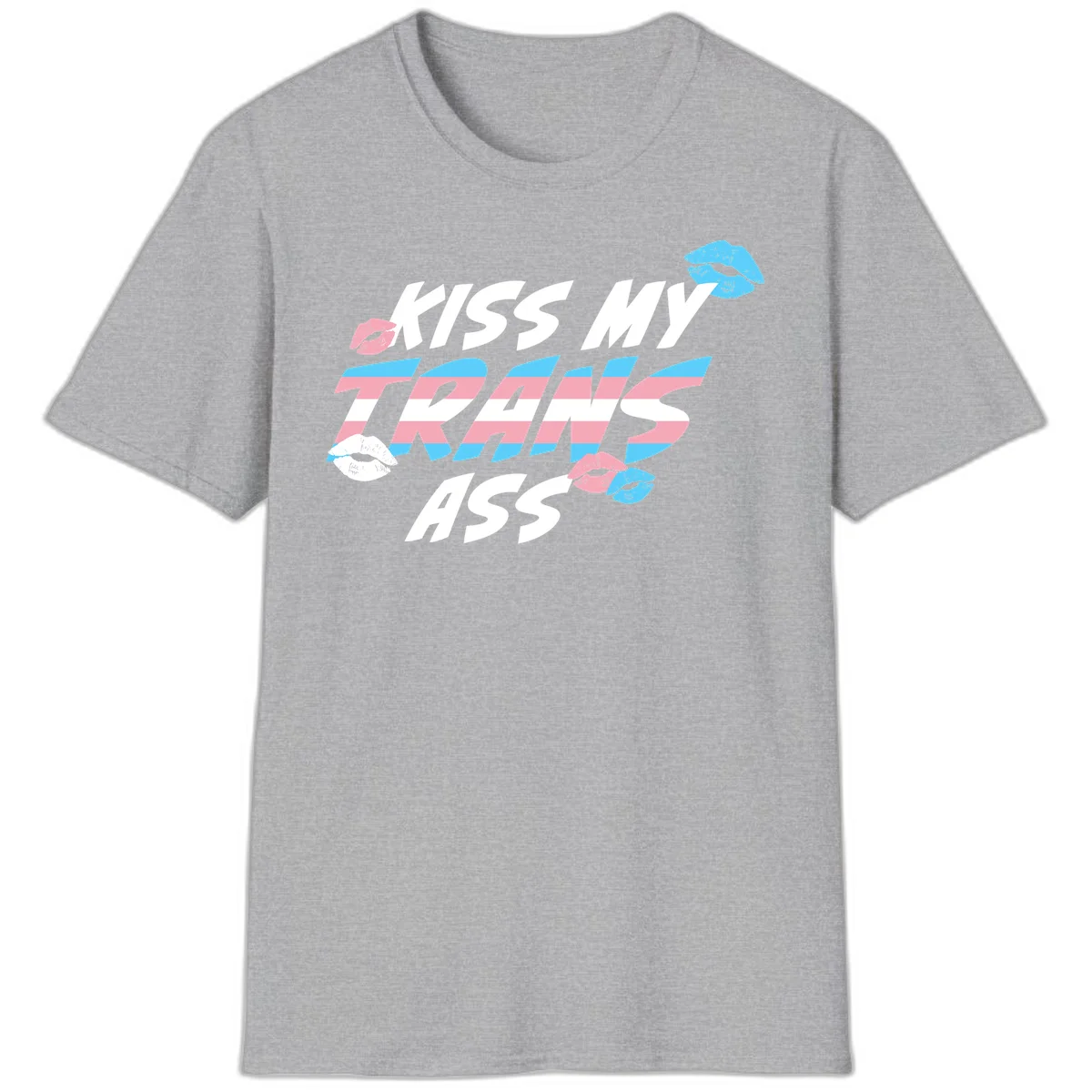 Kiss my trips ass design with trans flag striped text and colorful lip illustrations on gray background in Sport Grey