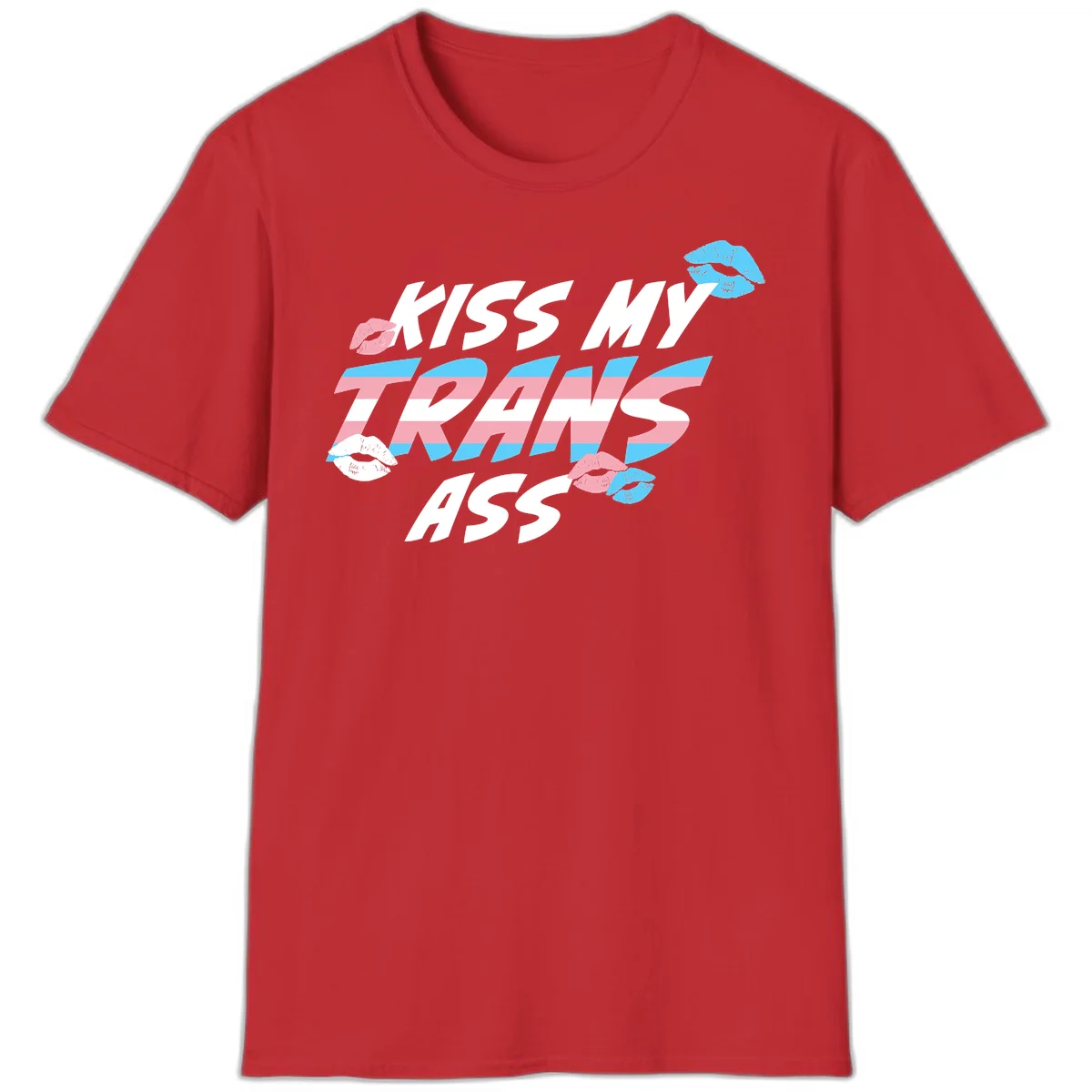 Kiss my trips ass design with trans flag striped text and colorful lip illustrations on gray background in Red
