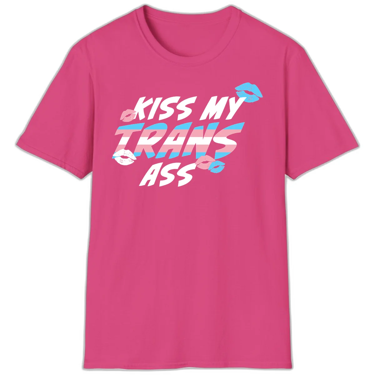 Kiss my trips ass design with trans flag striped text and colorful lip illustrations on gray background in Heliconia