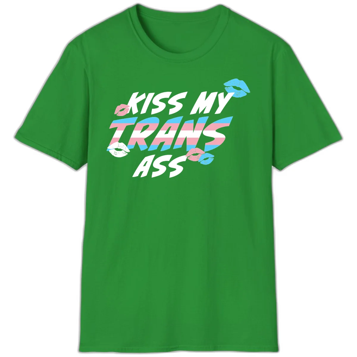 Kiss my trips ass design with trans flag striped text and colorful lip illustrations on gray background in Irish Green