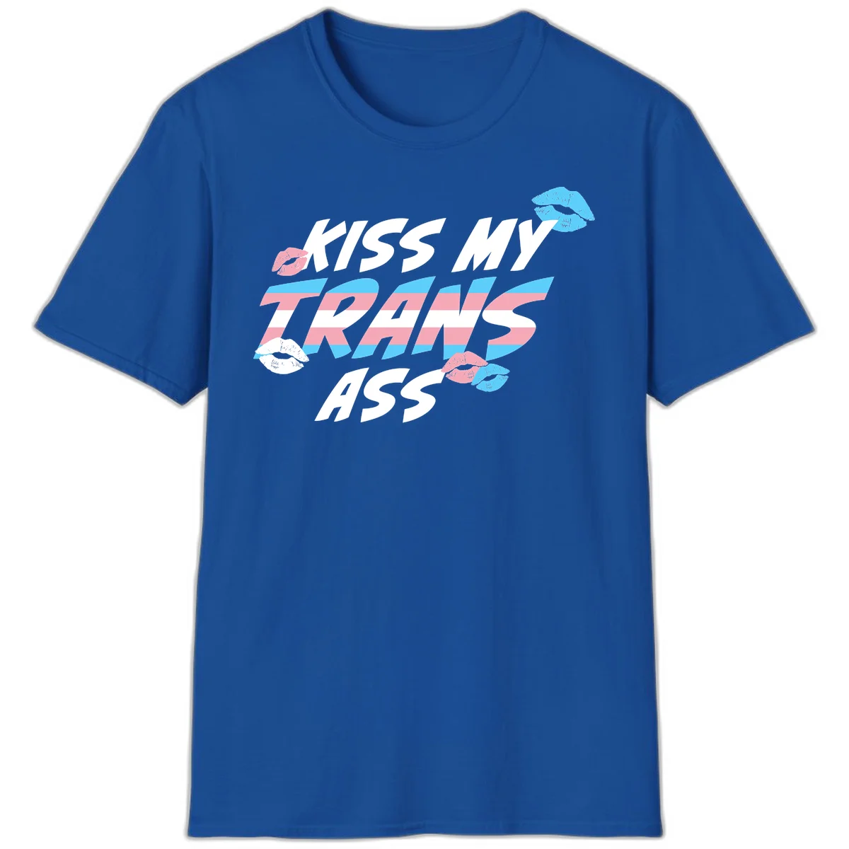 Kiss my trips ass design with trans flag striped text and colorful lip illustrations on gray background in Royal
