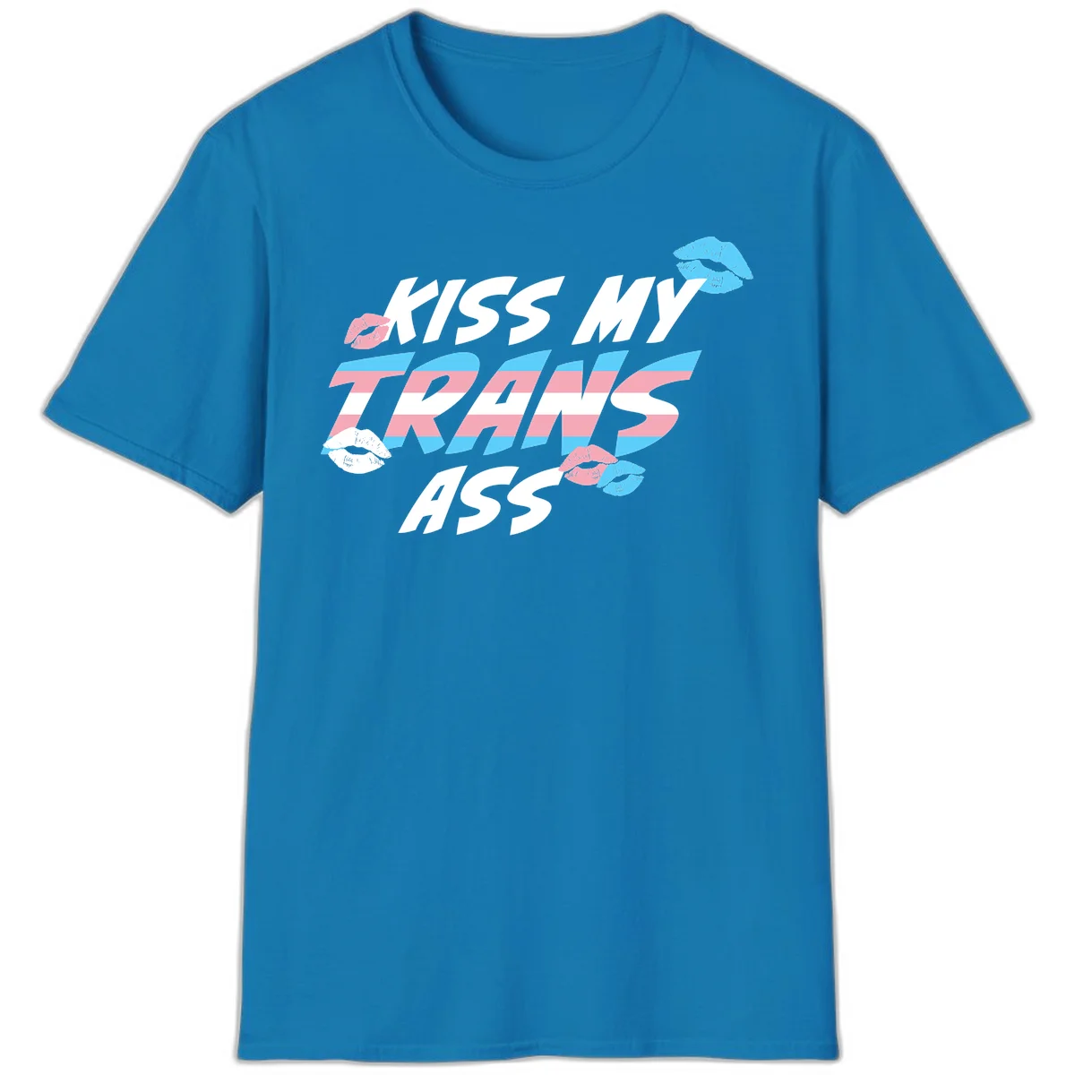 Kiss my trips ass design with trans flag striped text and colorful lip illustrations on gray background in Sapphire