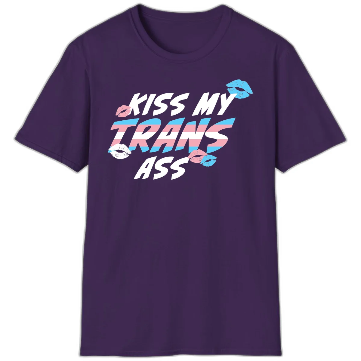 Kiss my trips ass design with trans flag striped text and colorful lip illustrations on gray background in Purple