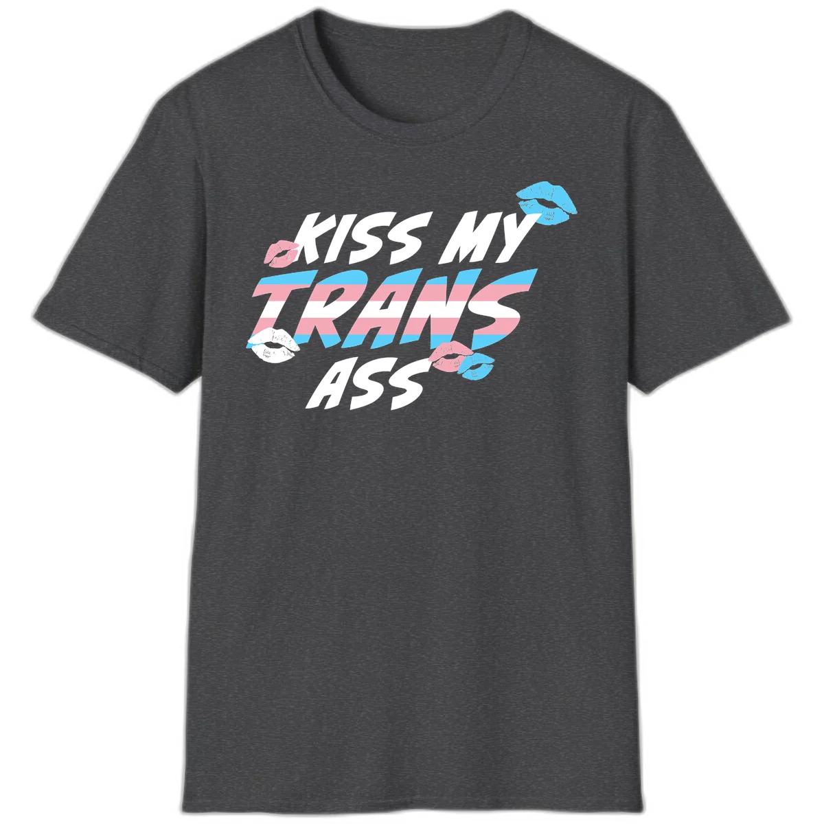 Kiss my trips ass design with trans flag striped text and colorful lip illustrations on gray background in Dark Heather