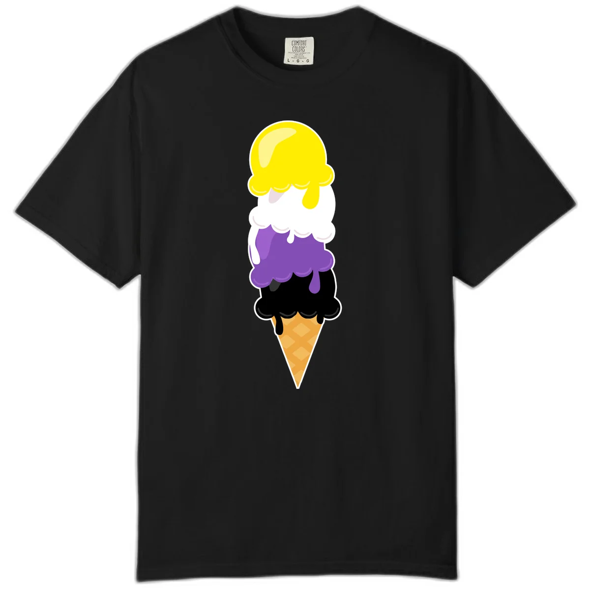 Rainbow drip ice cream cone illustration with yellow, white, purple, and black scoops stacked on waffle cone with dripping effect in Black