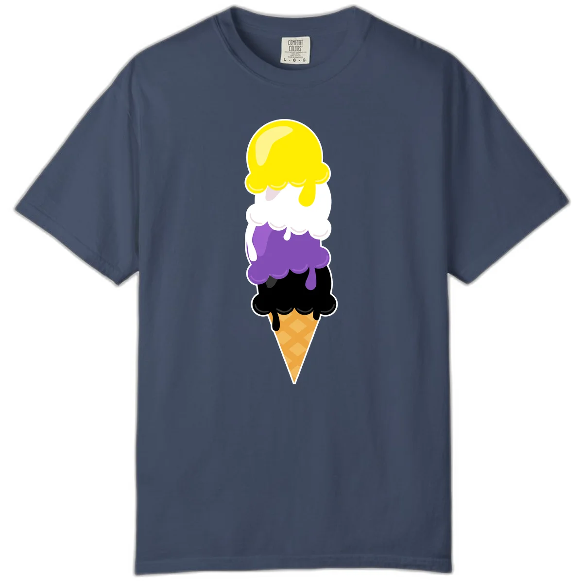 Rainbow drip ice cream cone illustration with yellow, white, purple, and black scoops stacked on waffle cone with dripping effect in Midnight