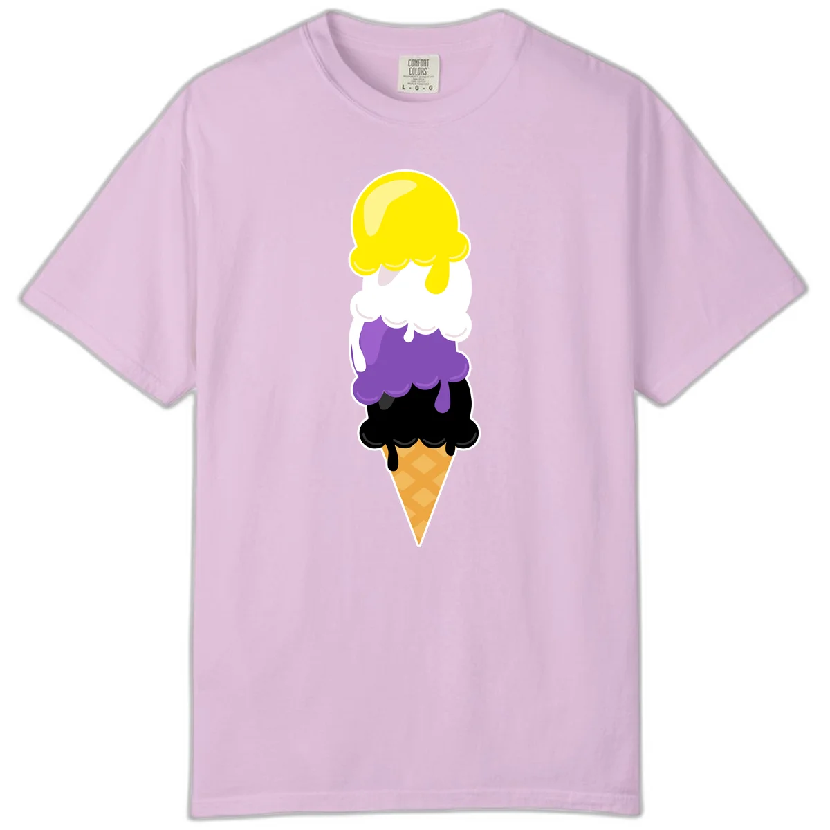 Rainbow drip ice cream cone illustration with yellow, white, purple, and black scoops stacked on waffle cone with dripping effect in Orchid
