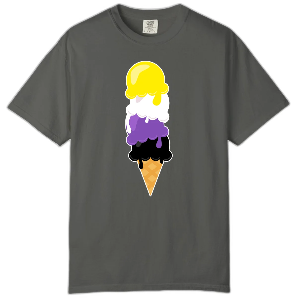 Rainbow drip ice cream cone illustration with yellow, white, purple, and black scoops stacked on waffle cone with dripping effect in Pepper