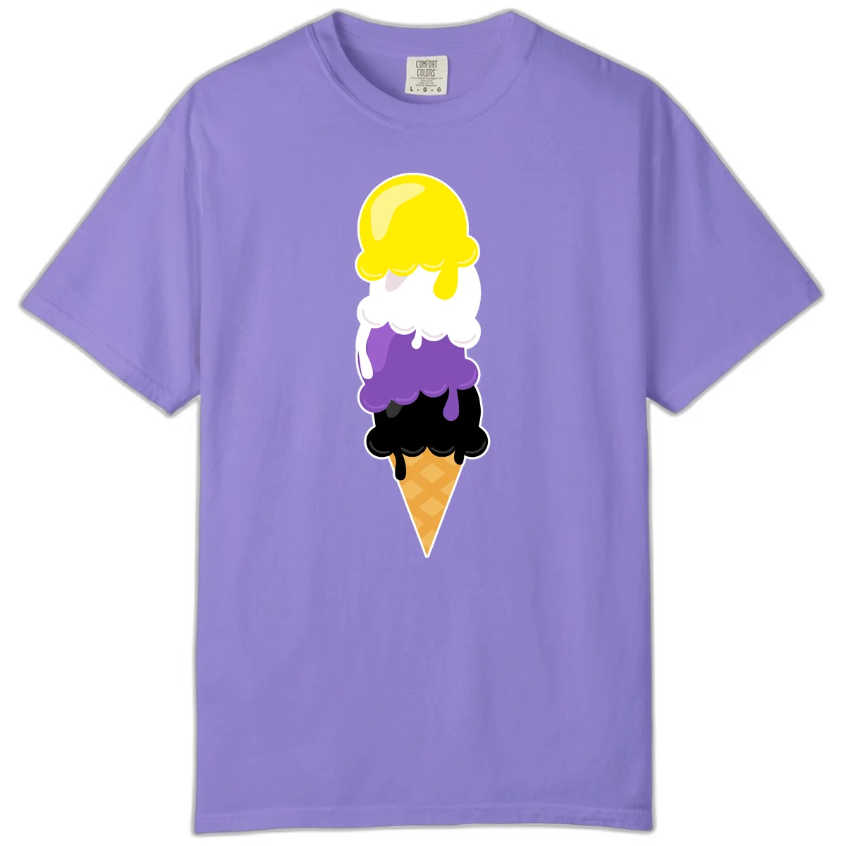 Rainbow drip ice cream cone illustration with yellow, white, purple, and black scoops stacked on waffle cone with dripping effect in Violet