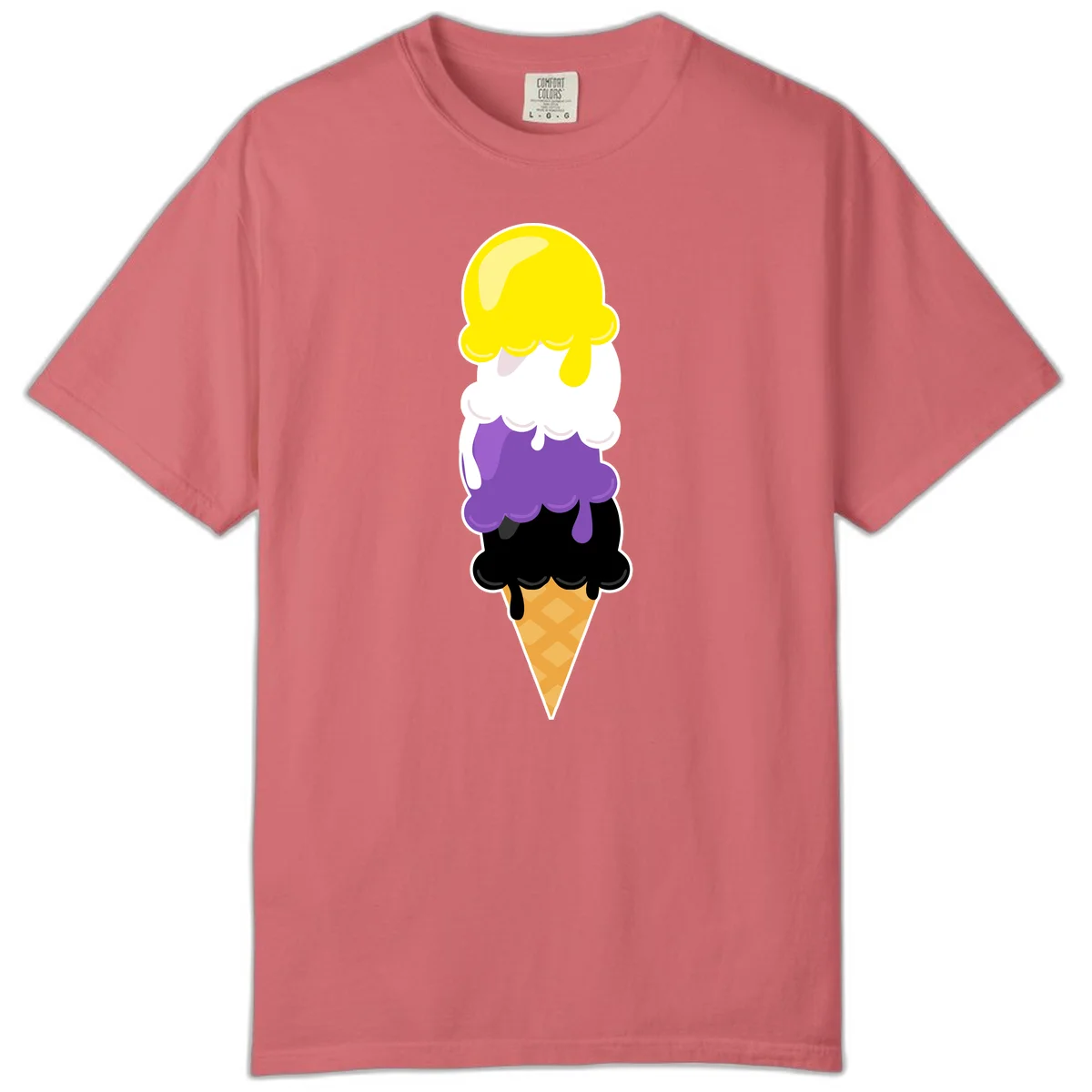 Rainbow drip ice cream cone illustration with yellow, white, purple, and black scoops stacked on waffle cone with dripping effect in Watermelon