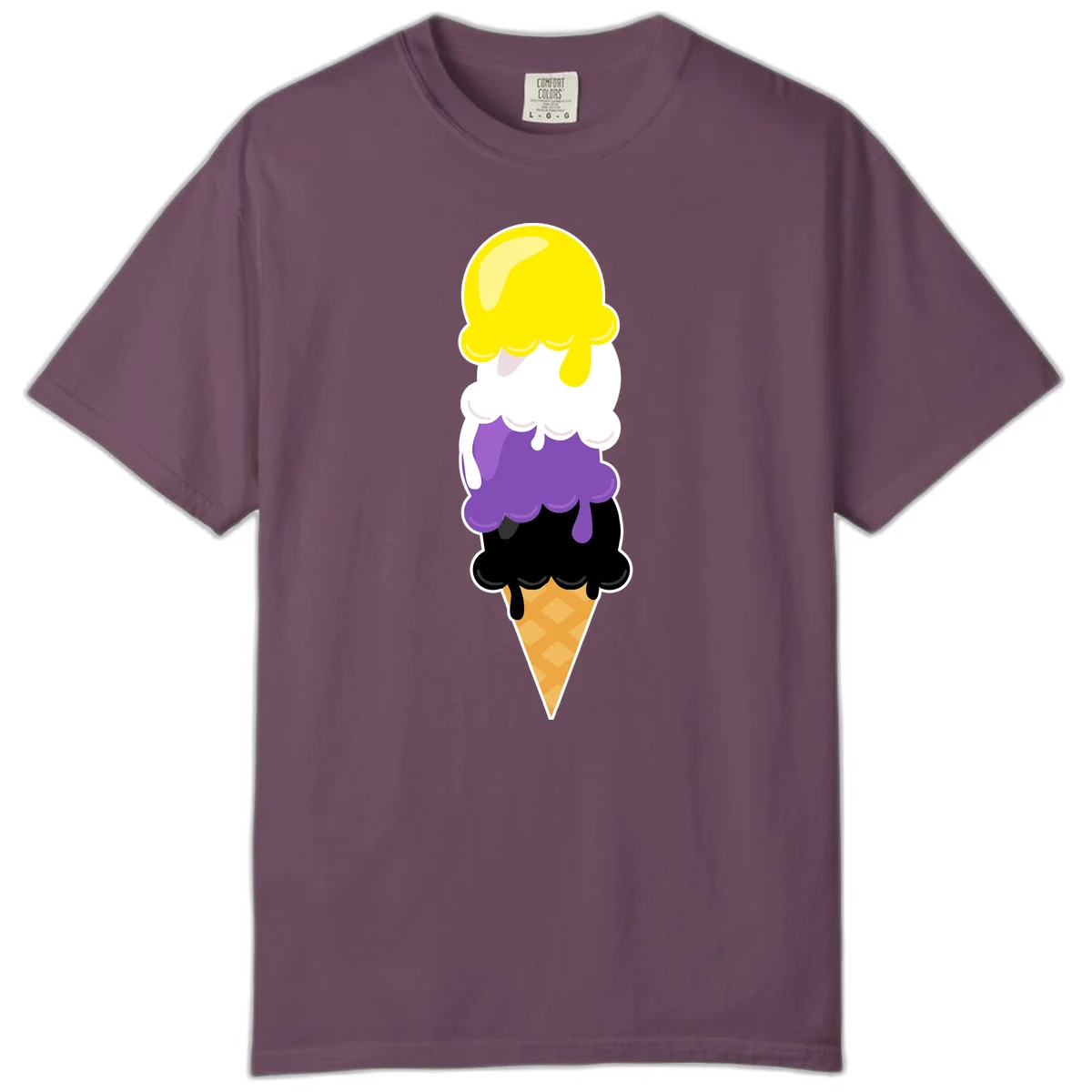 Rainbow drip ice cream cone illustration with yellow, white, purple, and black scoops stacked on waffle cone with dripping effect in Berry