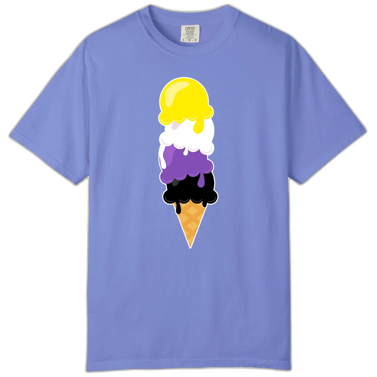 Rainbow drip ice cream cone illustration with yellow, white, purple, and black scoops stacked on waffle cone with dripping effect in Flo Blue