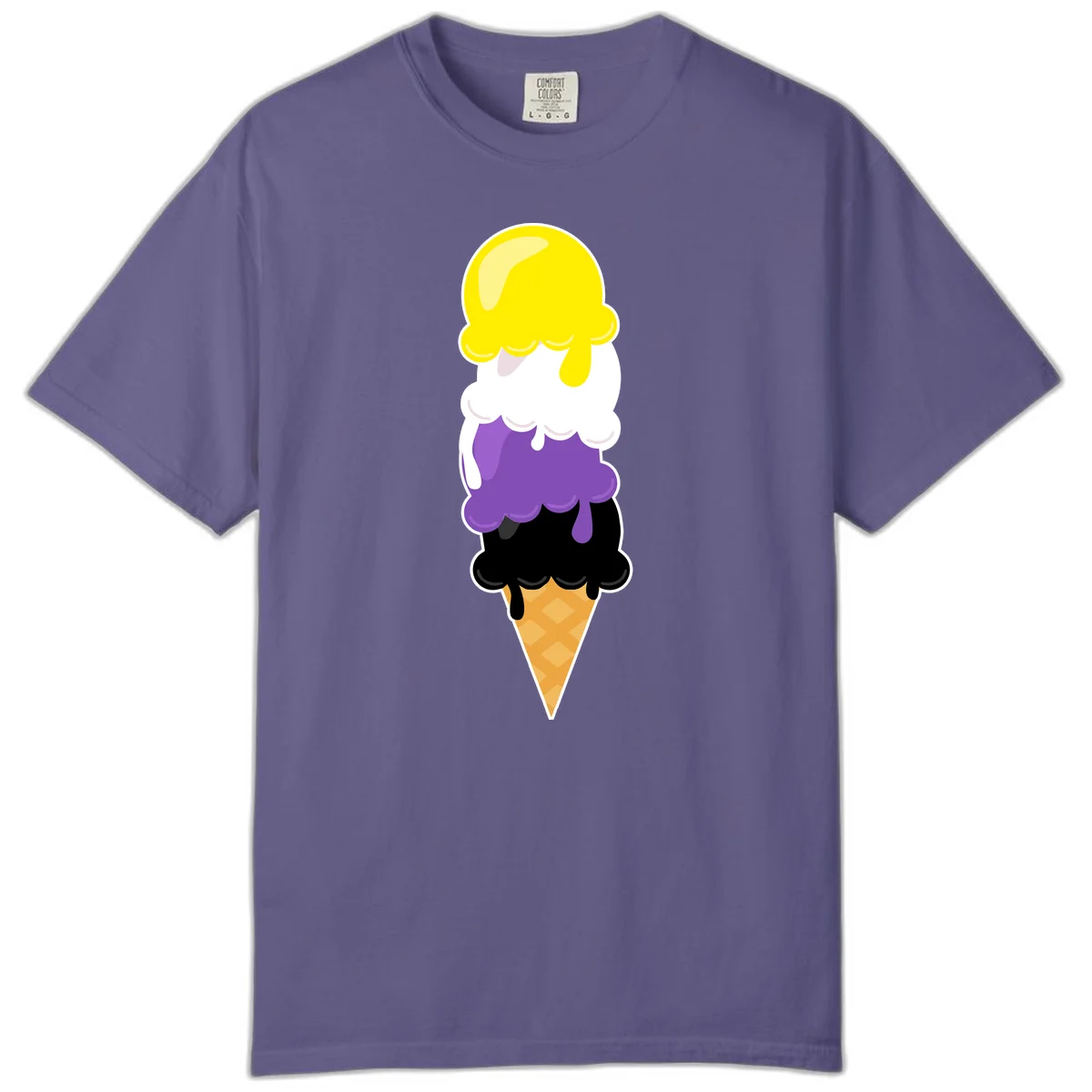 Rainbow drip ice cream cone illustration with yellow, white, purple, and black scoops stacked on waffle cone with dripping effect in Grape