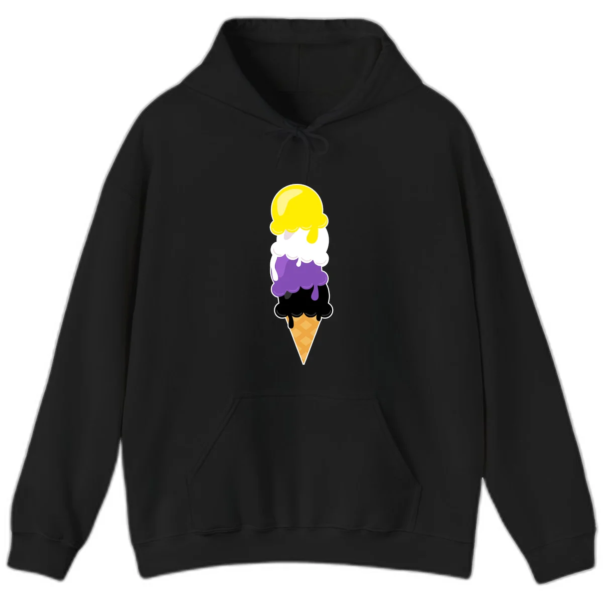Rainbow drip ice cream cone illustration with yellow, white, purple, and black scoops stacked on waffle cone with dripping effect in Black