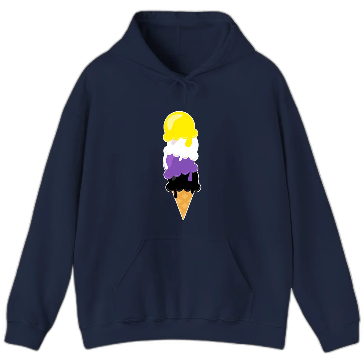 Rainbow drip ice cream cone illustration with yellow, white, purple, and black scoops stacked on waffle cone with dripping effect in Navy