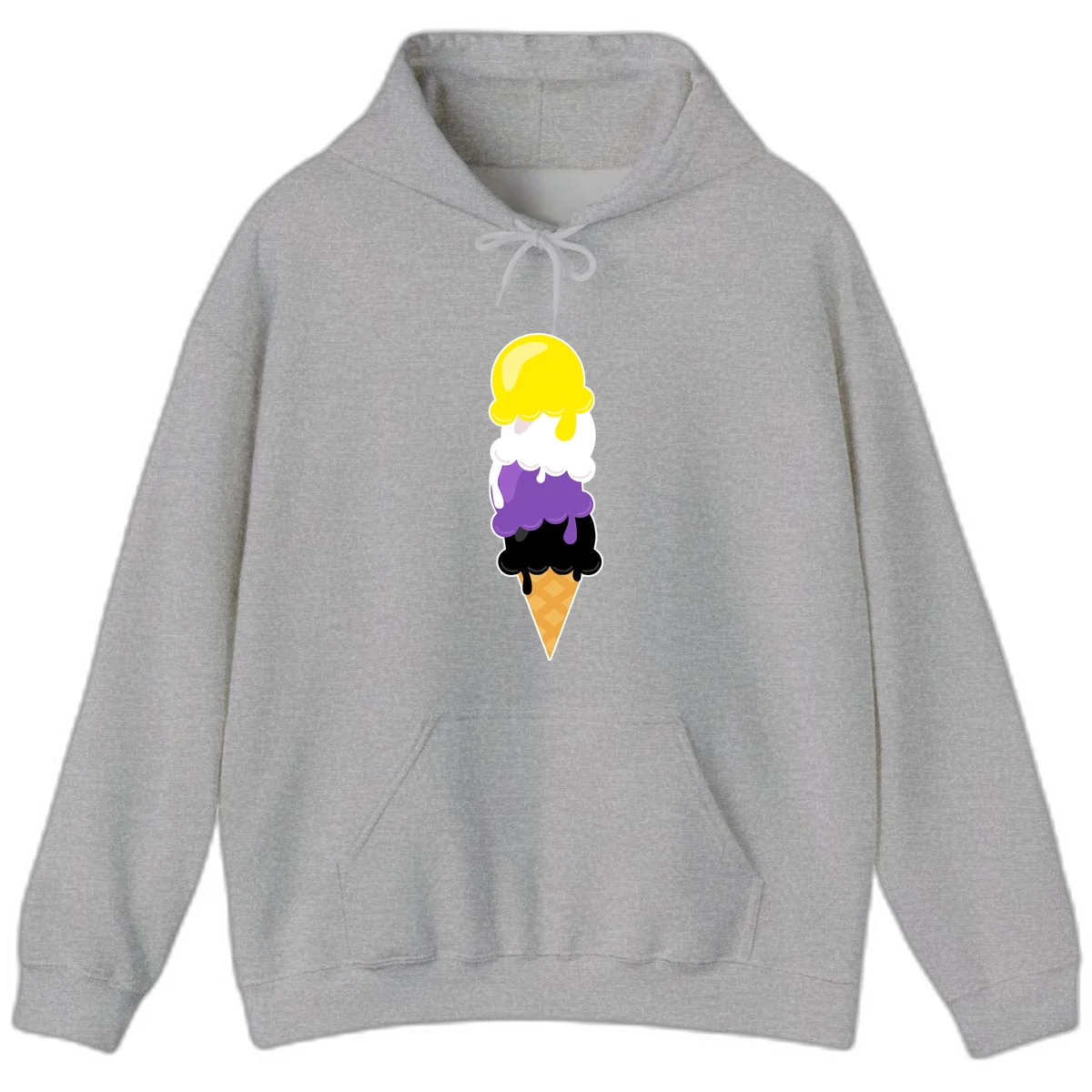 Rainbow drip ice cream cone illustration with yellow, white, purple, and black scoops stacked on waffle cone with dripping effect in Sport Grey