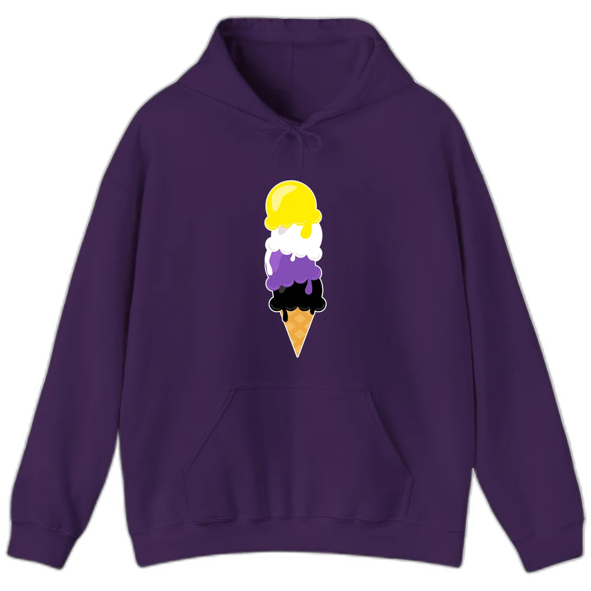 Rainbow drip ice cream cone illustration with yellow, white, purple, and black scoops stacked on waffle cone with dripping effect in Purple