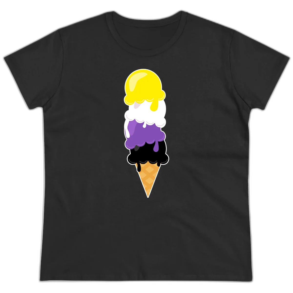 Rainbow drip ice cream cone illustration with yellow, white, purple, and black scoops stacked on waffle cone with dripping effect in Black