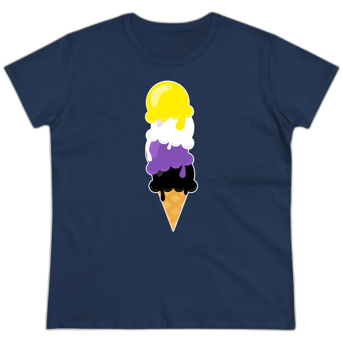 Rainbow drip ice cream cone illustration with yellow, white, purple, and black scoops stacked on waffle cone with dripping effect in Navy