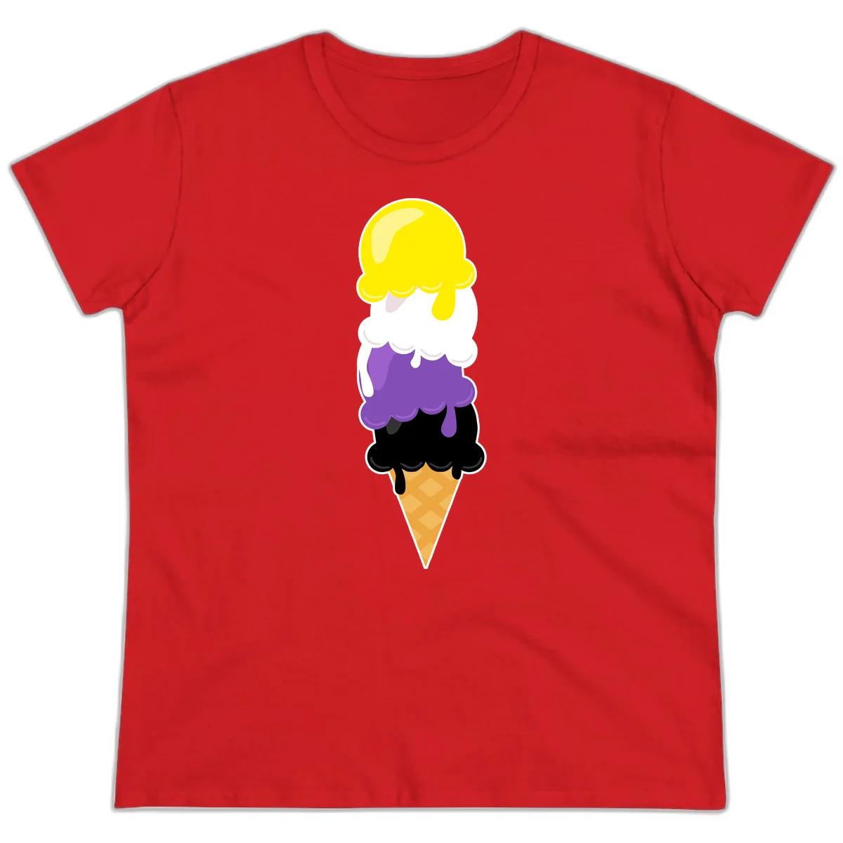 Rainbow drip ice cream cone illustration with yellow, white, purple, and black scoops stacked on waffle cone with dripping effect in Red