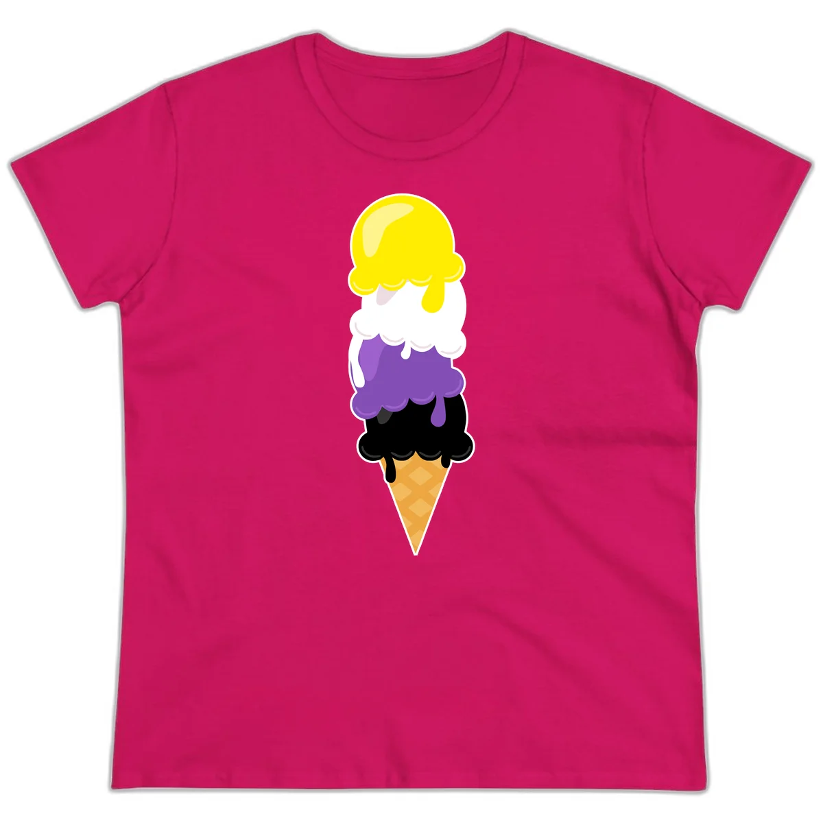 Rainbow drip ice cream cone illustration with yellow, white, purple, and black scoops stacked on waffle cone with dripping effect in Heliconia