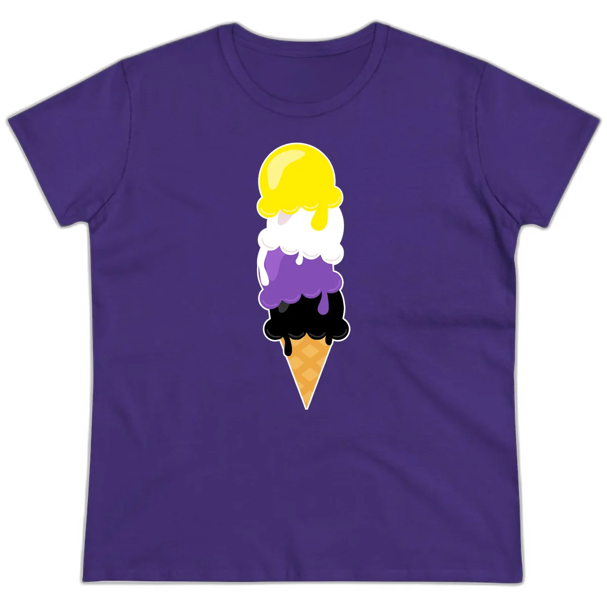 Rainbow drip ice cream cone illustration with yellow, white, purple, and black scoops stacked on waffle cone with dripping effect in Purple