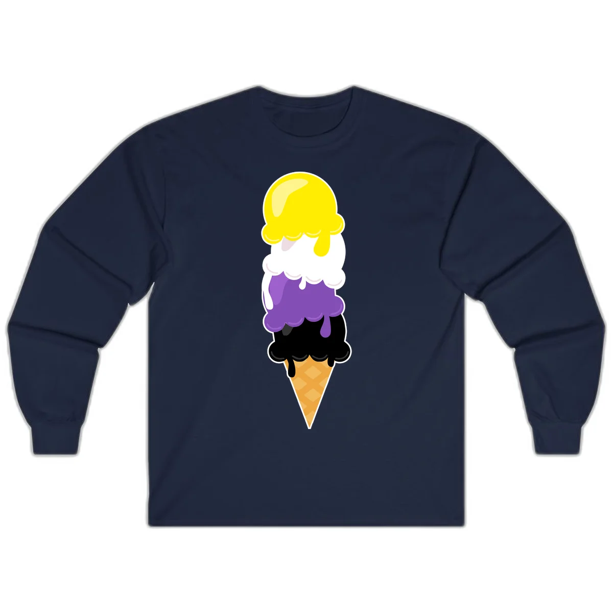 Rainbow drip ice cream cone illustration with yellow, white, purple, and black scoops stacked on waffle cone with dripping effect in Navy