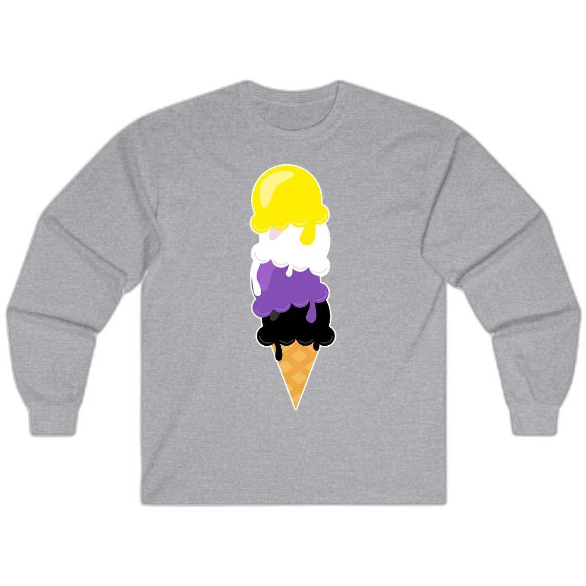 Rainbow drip ice cream cone illustration with yellow, white, purple, and black scoops stacked on waffle cone with dripping effect in Sport Grey