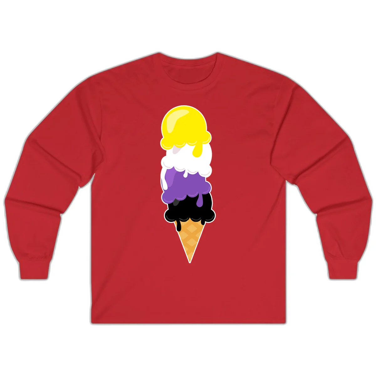 Rainbow drip ice cream cone illustration with yellow, white, purple, and black scoops stacked on waffle cone with dripping effect in Red